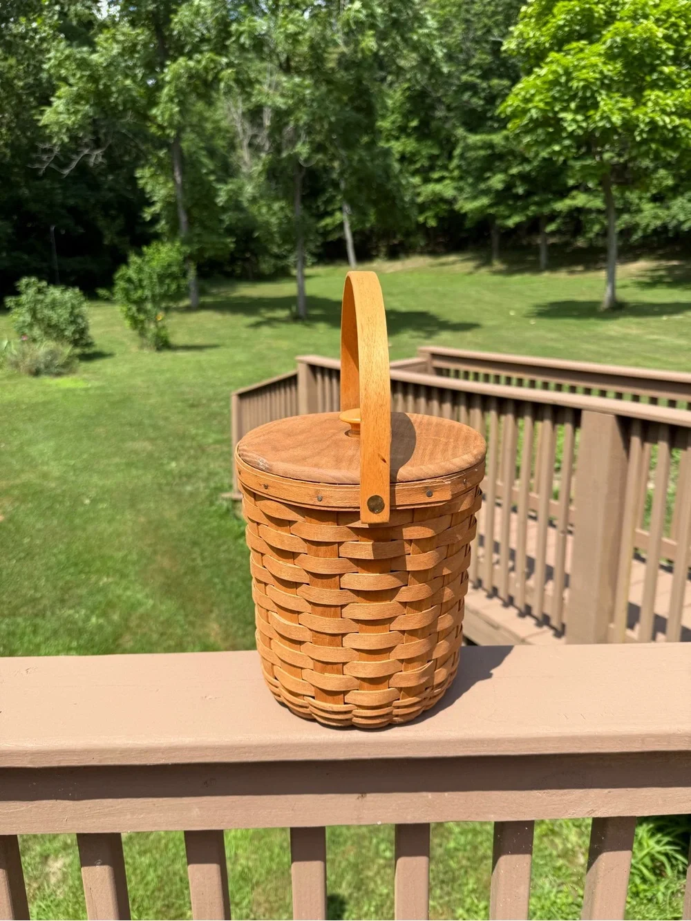 Vintage 1992 Longaberger Handwoven Lidded Basket with Handle